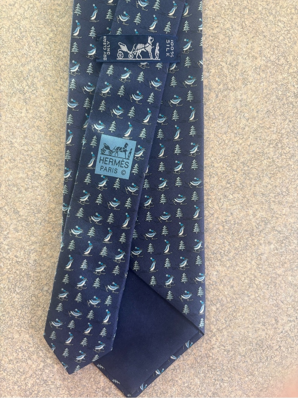 Hermes Navy Blue Silk Tie with Penguin Motif - Picture 4 of 5